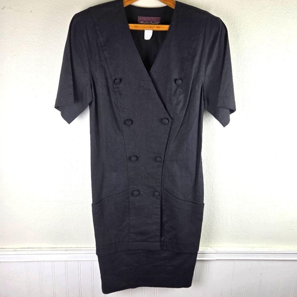 Vintage Alexander Campbell Women's 10 Black Linen Blend Double Breasted Dress US